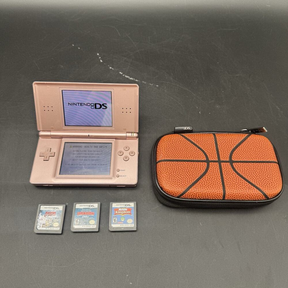 Nintendo DS Lite Console Bundle Pink Metallic Rose w/ Case & 3 Games - Tested